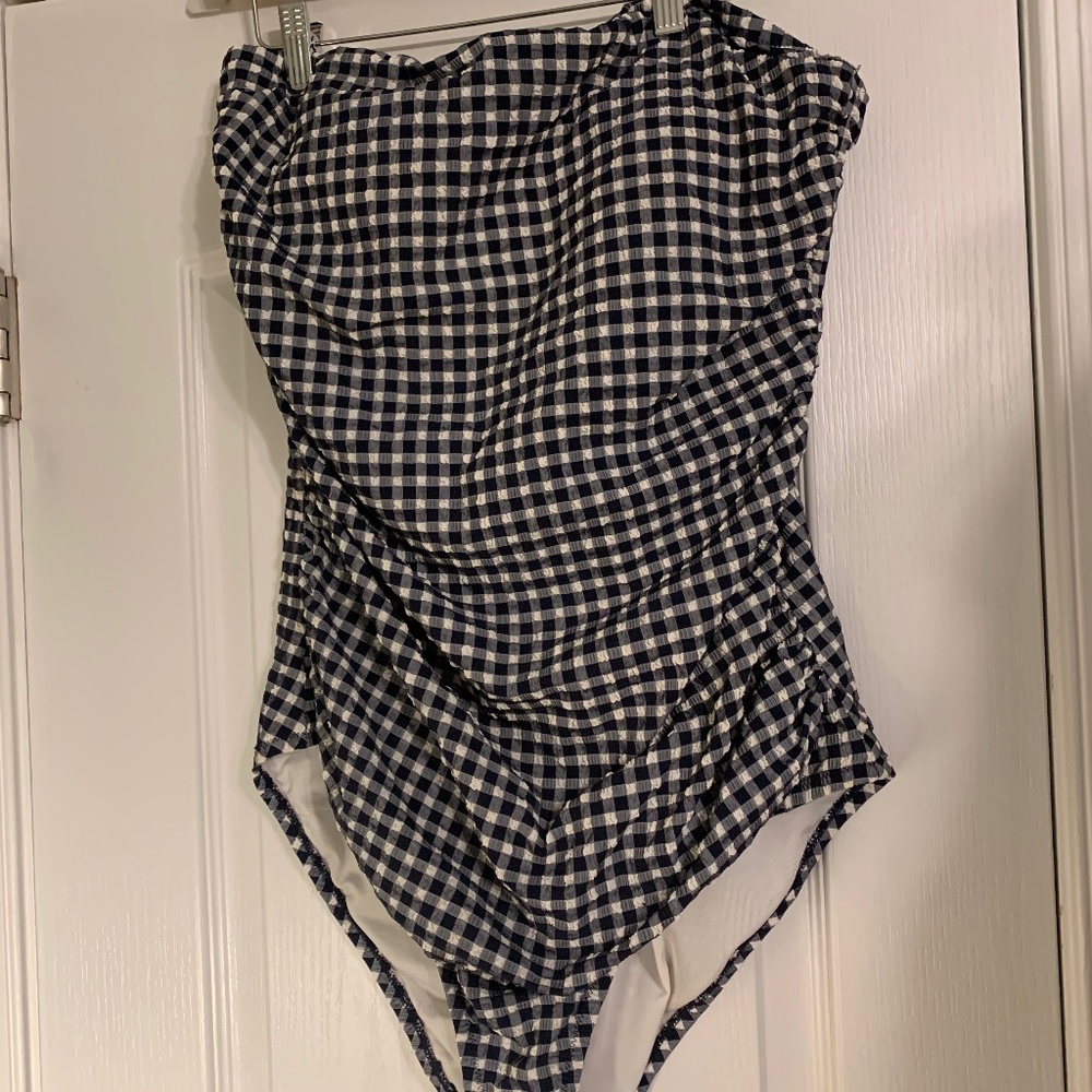 J Crew navy gingham ruched strapless swimsuit size 16